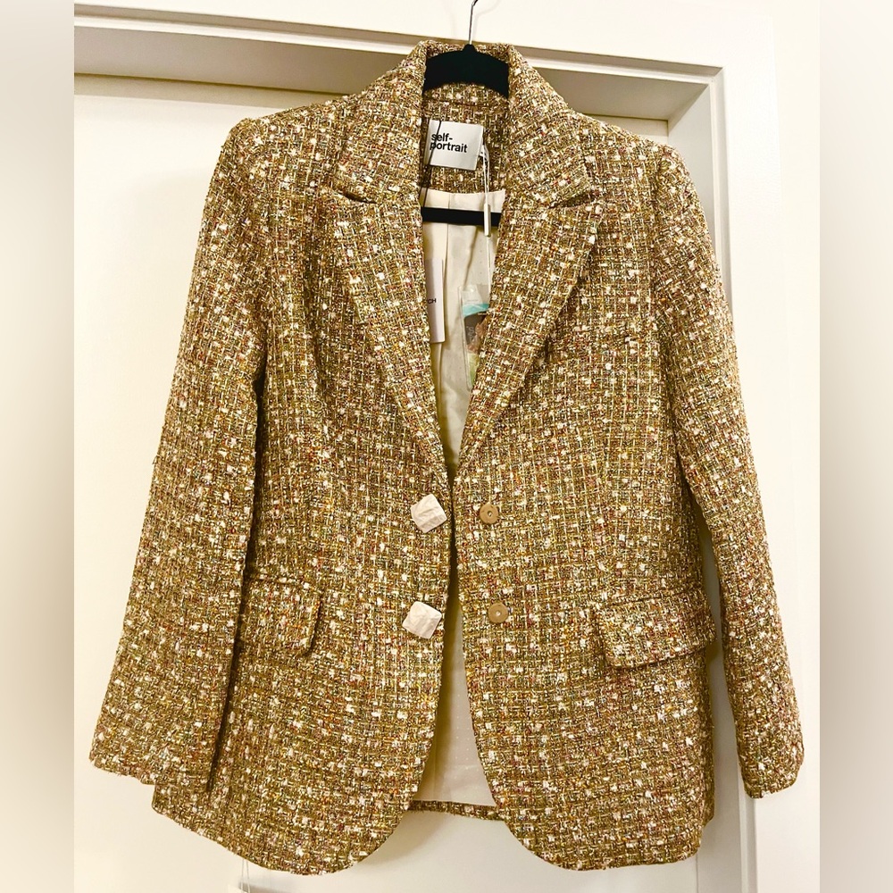 NWT New Self-Portrait Metallic Gold Brown Checked Tweed Blazer Jacket UK8/US4